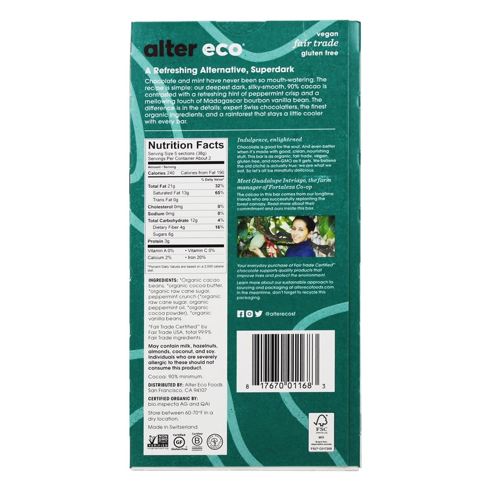 Chocolate Orgânico 90 % Cacau Superdark Crisp Mint - 2.65 oz. Alter Eco - Imagem 2