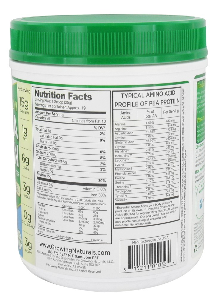 Proteína Raw Raw ervilha Baunilha - 16.7 oz. Growing Naturals - Imagem 2