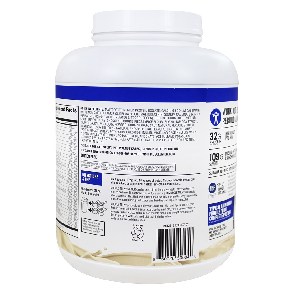 Músculo Leite Genuíno Alto Proteína Gainer Pó Beber Misturar Bolinhos N' Creme - 5 lbs. Cytosport - Imagem 4