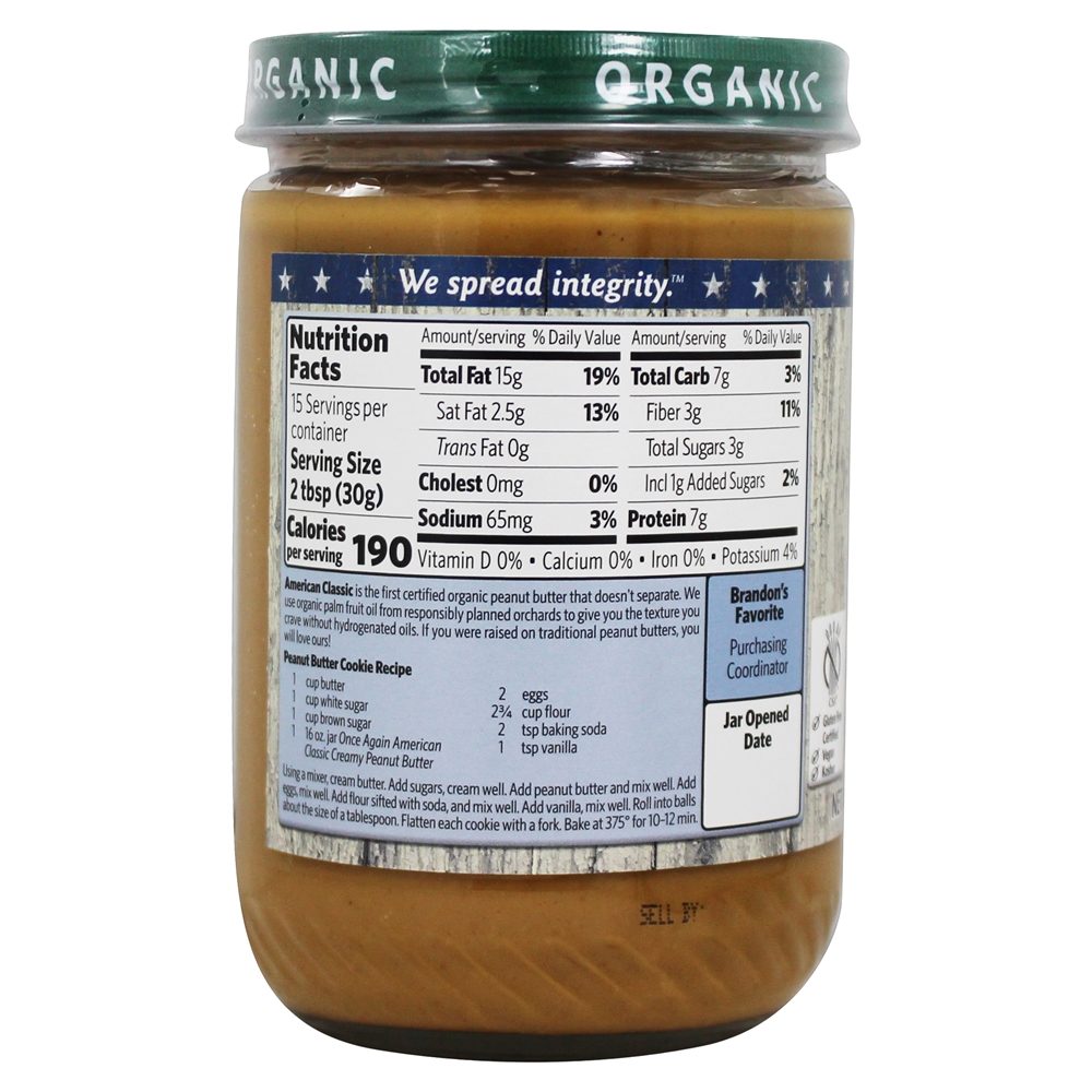 Manteiga De Amendoim Clássico Americano Orgânico Cremoso - 16 oz. Once Again - Imagem 3
