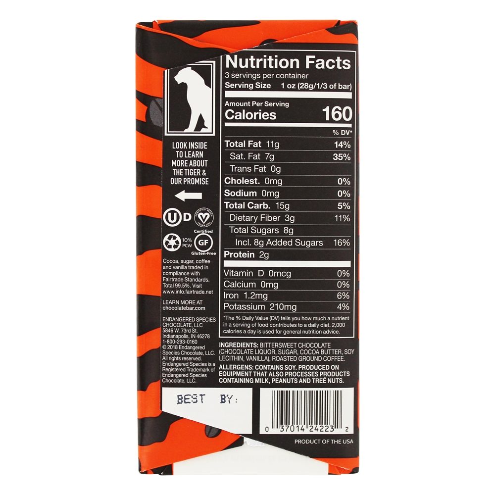 Barra de chocolate escuro 72 % de grãos de café expresso de cacau - 3 oz. Endangered Species - Imagem 2