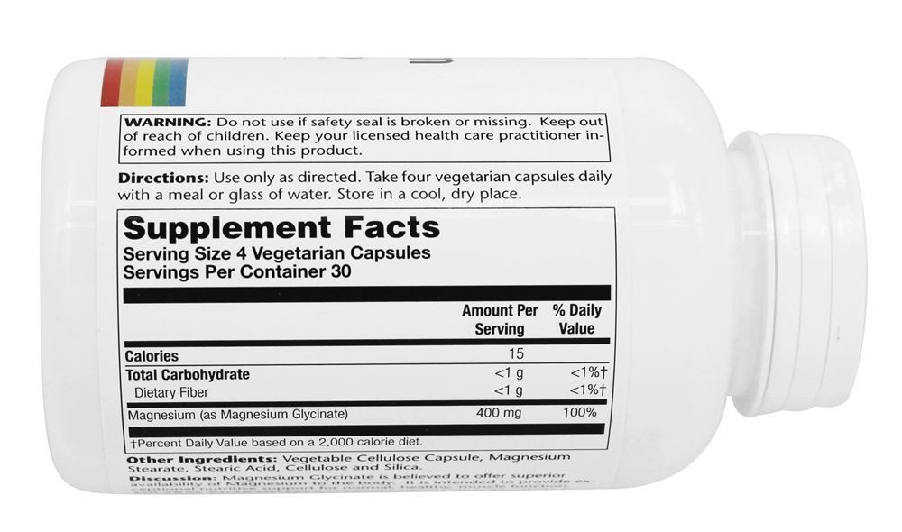 Glicinato de Magnésio 400 mg. - Cápsulas vegetarianas 120 Solaray - Imagem 2