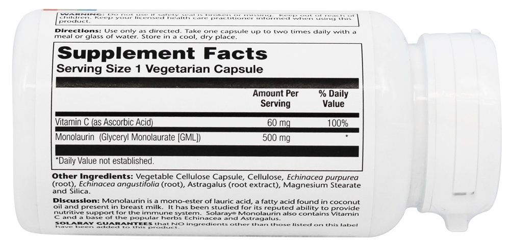 Fonte de coco natural de monolaurina 500 mg. - Cápsulas vegetarianas 60 Solaray - Imagem 2