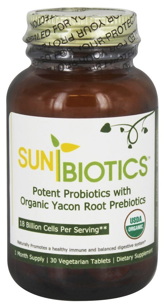 Probióticos potentes com os prebióticos orgânicos da raiz de Yacon - 30 comprimidos mastigáveis Sunbiotics