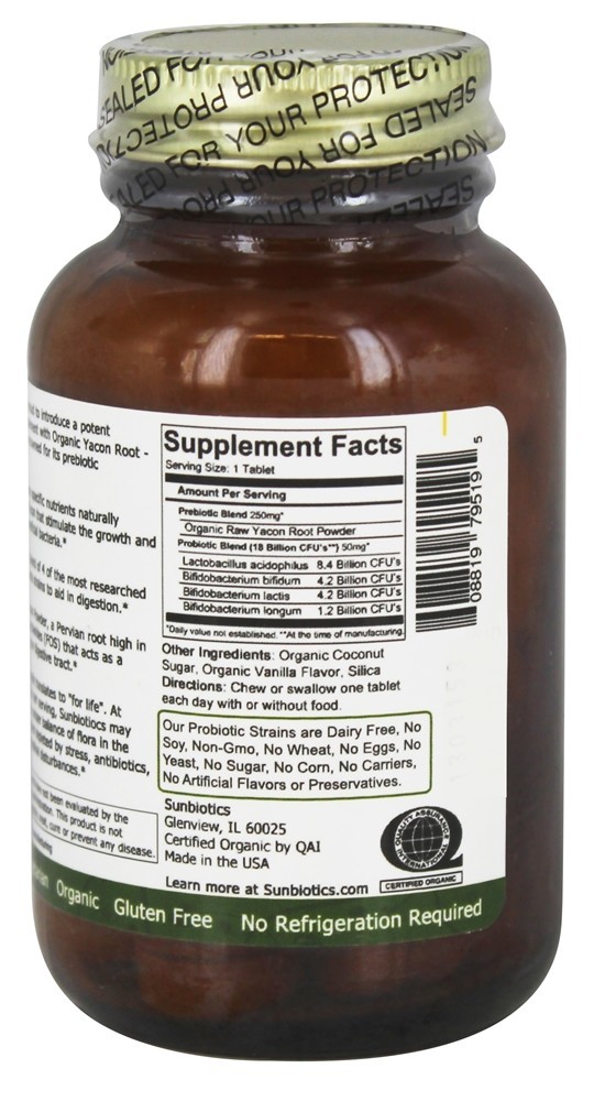 Probióticos potentes com os prebióticos orgânicos da raiz de Yacon - 30 comprimidos mastigáveis Sunbiotics - Imagem 2