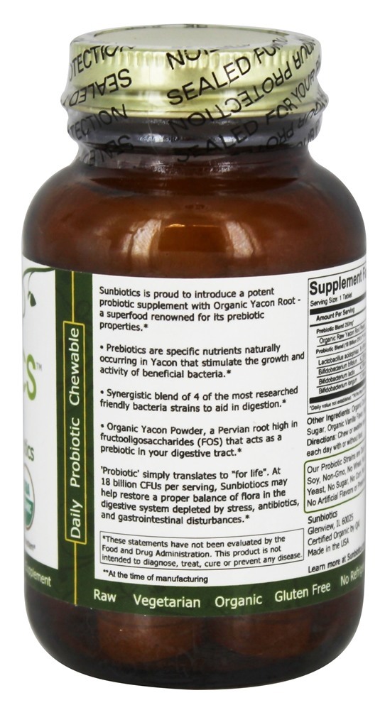 Probióticos potentes com os prebióticos orgânicos da raiz de Yacon - 30 comprimidos mastigáveis Sunbiotics - Imagem 3