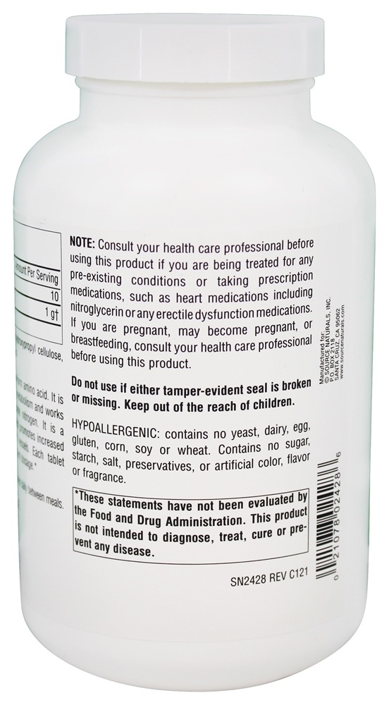 Forma livre L-Arginina 1000 mg. - 200 Tablets Source Naturals - Imagem 3