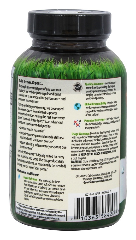 Turmeric After-Sport com magnésio - 60 Softgels Irwin Naturals - Imagem 3
