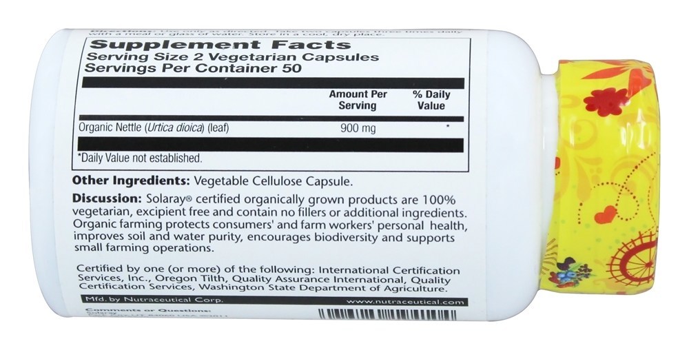 Folhas de urtiga orgânicas 900 mg. - Cápsulas vegetarianas 100 Solaray - Imagem 3