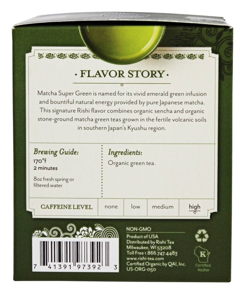 Orgânico Matcha Super Verde Chá - 15 Saquinhos de Chá Rishi Tea - Imagem 2