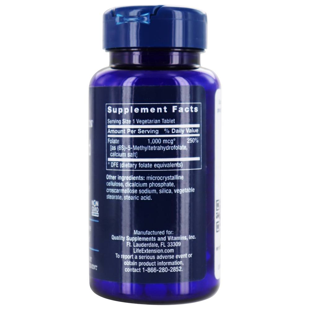 Folato Otimizado L-Metilfolato 1000 mcg. - 100 Comprimidos vegetarianos Life Extension - Imagem 2