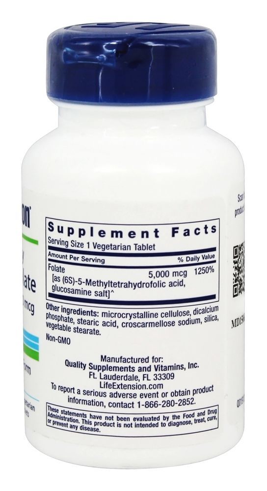 Folato Otimizado de Alta Potência L-Metilfolato 5000 mcg. - 30 Comprimidos vegetarianos Life Extension - Imagem 2