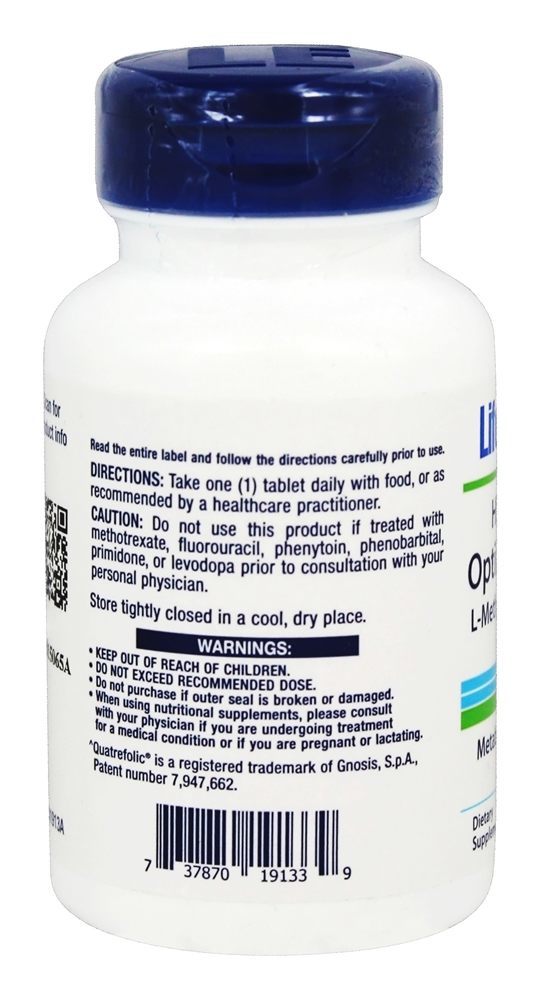 Folato Otimizado de Alta Potência L-Metilfolato 5000 mcg. - 30 Comprimidos vegetarianos Life Extension - Imagem 3