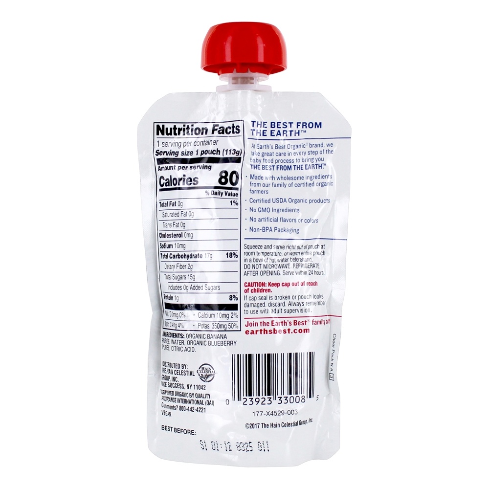 Organic Stage 2 Purê de Comida para Bebê 6 + Banana Blueberry - 4 oz. Earth's Best - Imagem 2