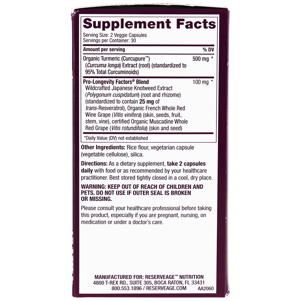 Açafrão com Resveratrol ativo 500 mg . - Cápsulas vegetarianas 60 Reserveage Nutrition - Imagem 3