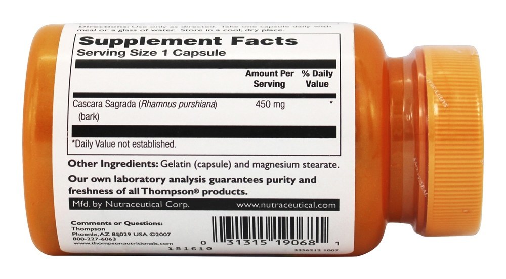 Cascara Sagrada 100 % Pure 450 mg. - Cápsulas 60 Thompson - Imagem 3