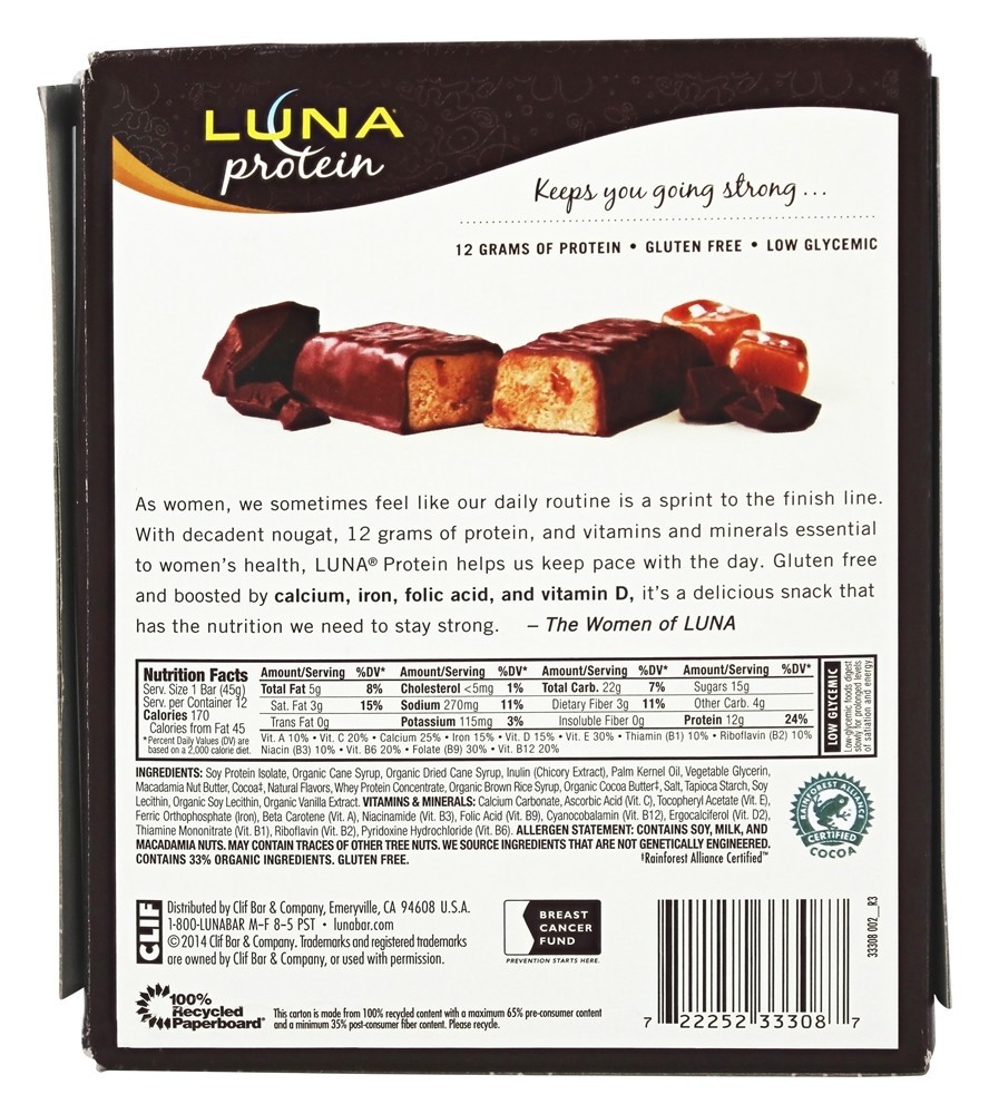 Caixa De Barras De Proteína Luna Para Mulheres De Chocolate Caramelo Salgado - 12 Barras Clif Bar - Imagem 2