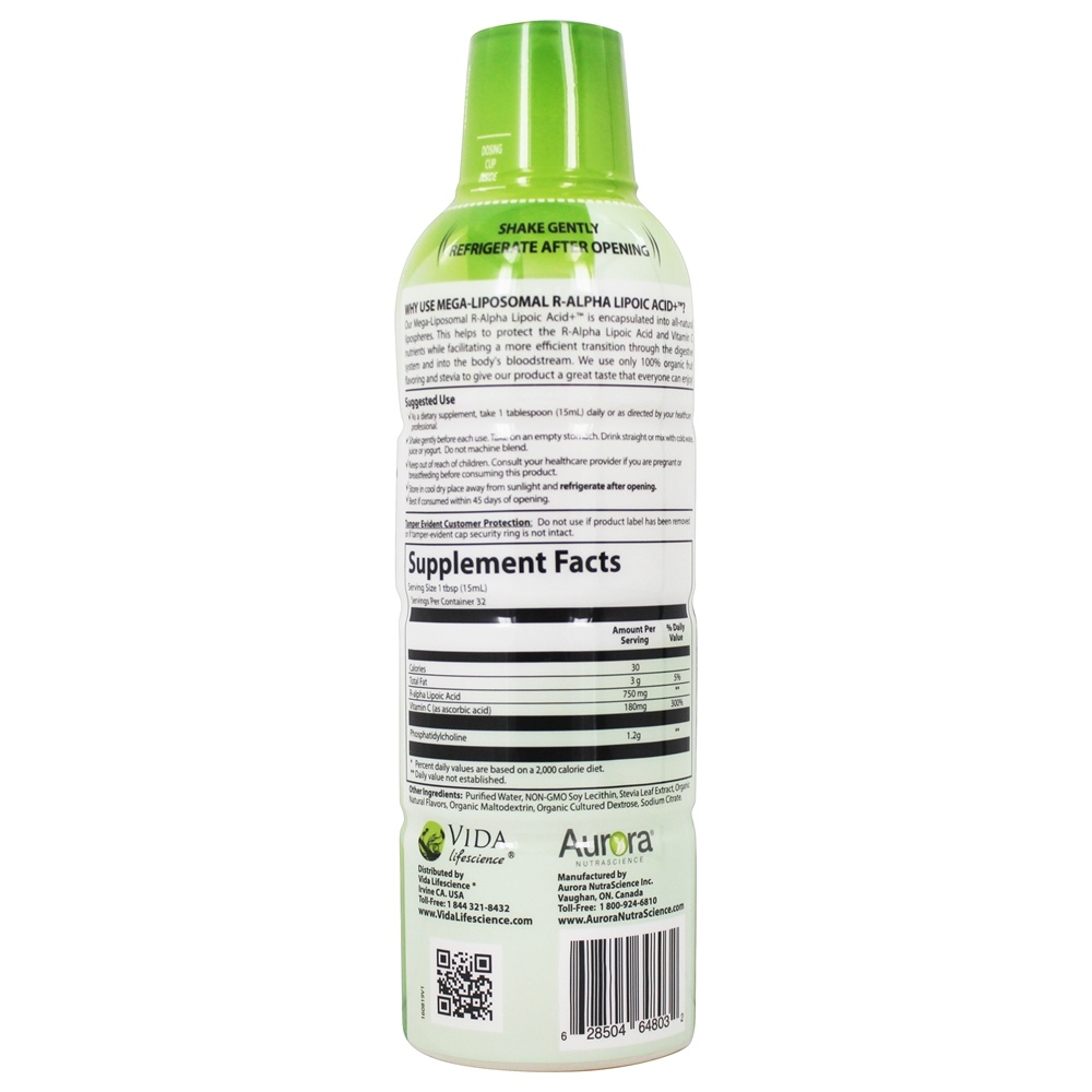 Aurora Nutrascience R- Alpha Sabor de frutas orgânicas líquidas mega-lipossômicas de ácido lipóico - 16 fl. oz. Vida Lifescience - Imagem 2