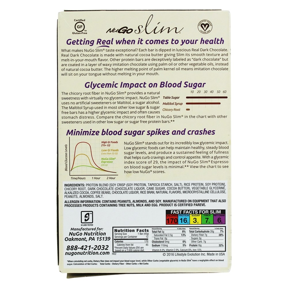 Vegan Esbelto Real Escuro Chocolate Barras Caixa Café expresso - 12 Barras NuGo Nutrition - Imagem 3