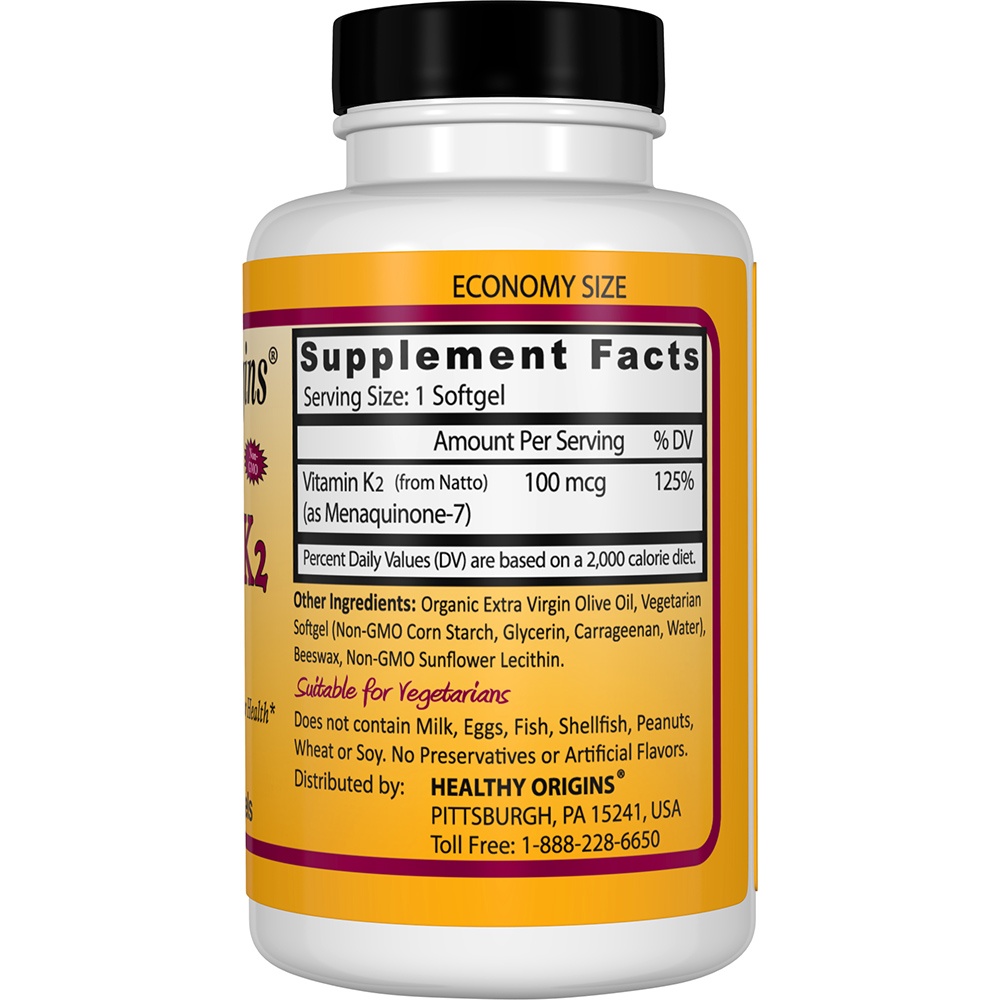 Vitamina K2 Natural, MK7 100 mcg. - 180 Cápsulas Vegetarianas Healthy Origins - Imagem 2