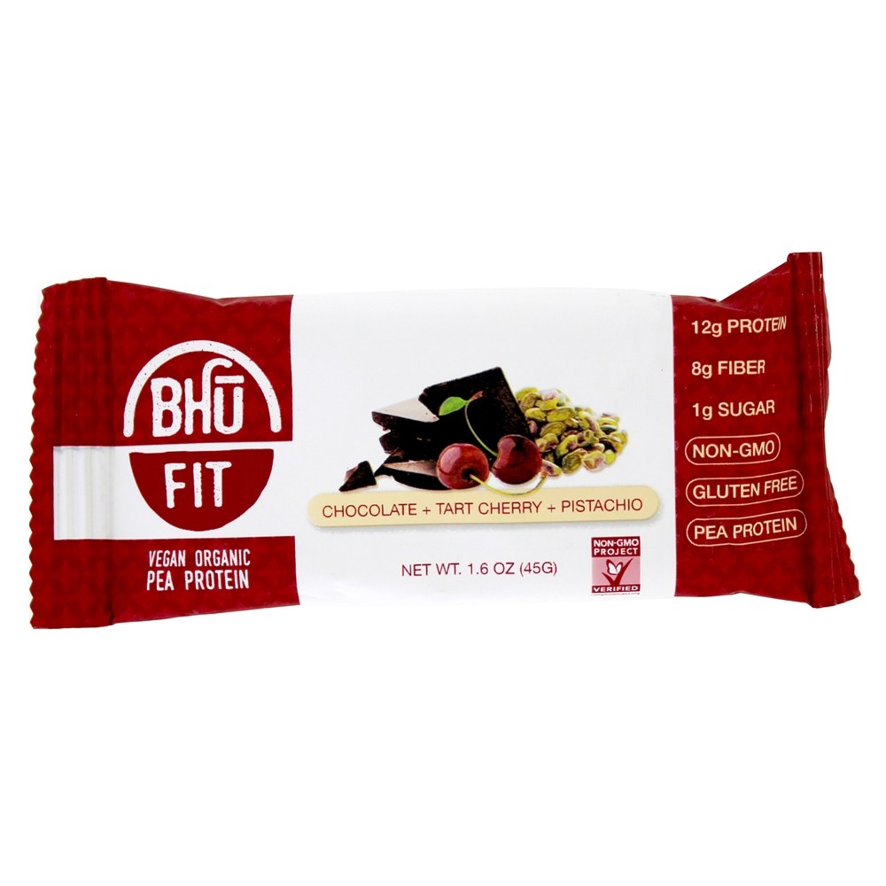 Barra de proteína de ervilha vegan Chocolate + Torta de cereja + pistache - 1.6 oz. Bhu Fit