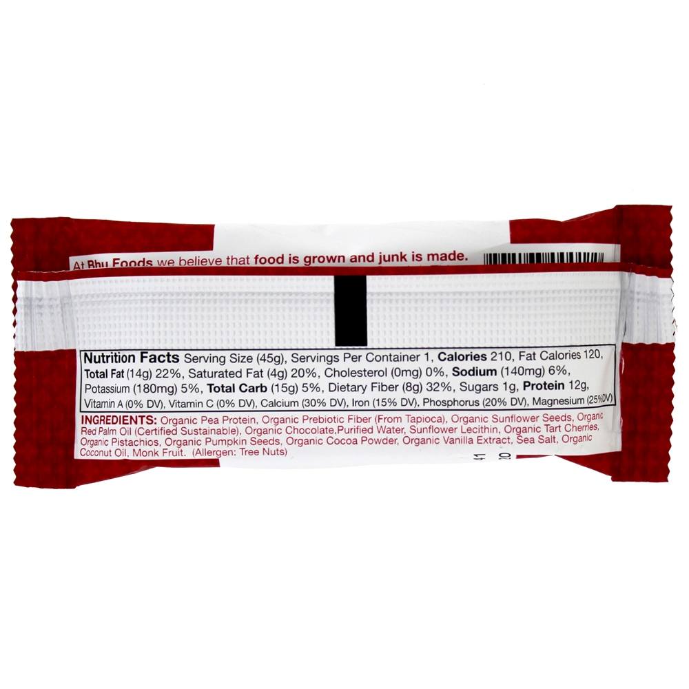 Barra de proteína de ervilha vegan Chocolate + Torta de cereja + pistache - 1.6 oz. Bhu Fit - Imagem 2