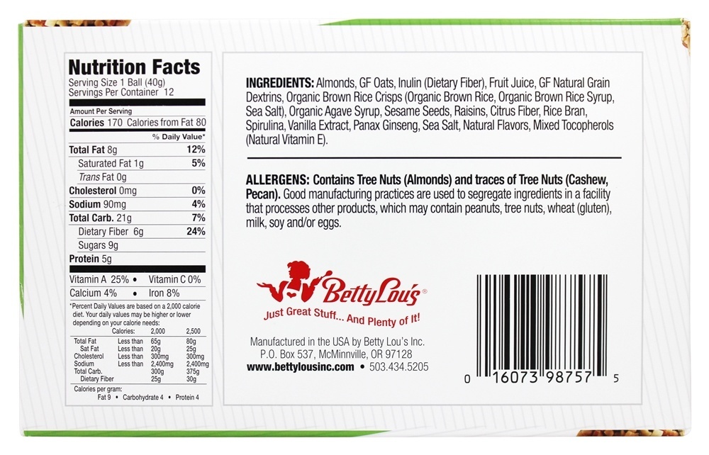 Nozes Sobre Spirulina Ginseng Energia Bolas Caixa - 12 Ball (s) Betty Lou's - Imagem 2