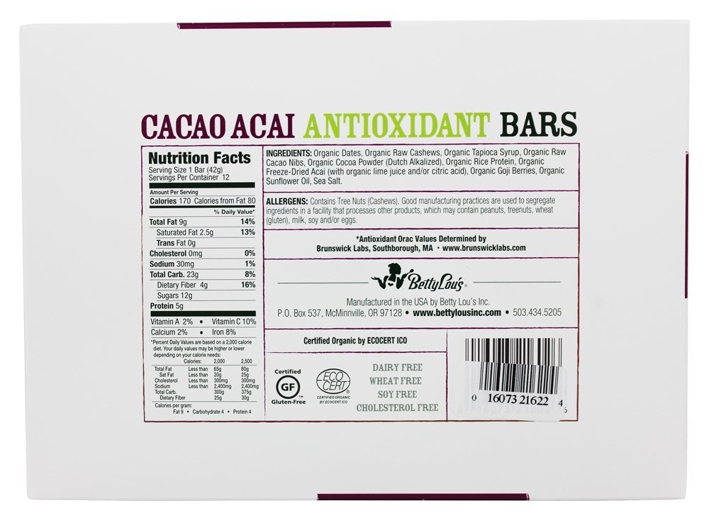 Apenas grandes caixas de barras de produtos orgânicos Cacao Açaí - 12 Barras Betty Lou's - Imagem 2
