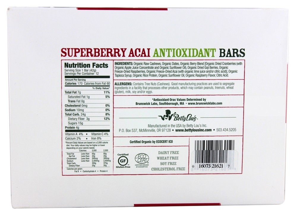 Apenas grandes caixas de barras de produtos orgânicos Superberry Açaí - 12 Barras Betty Lou's - Imagem 2