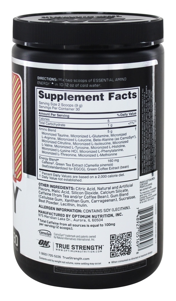 AmiN.O Essencial. Cal Morango de Energia - 9.5 oz. Optimum Nutrition - Imagem 2