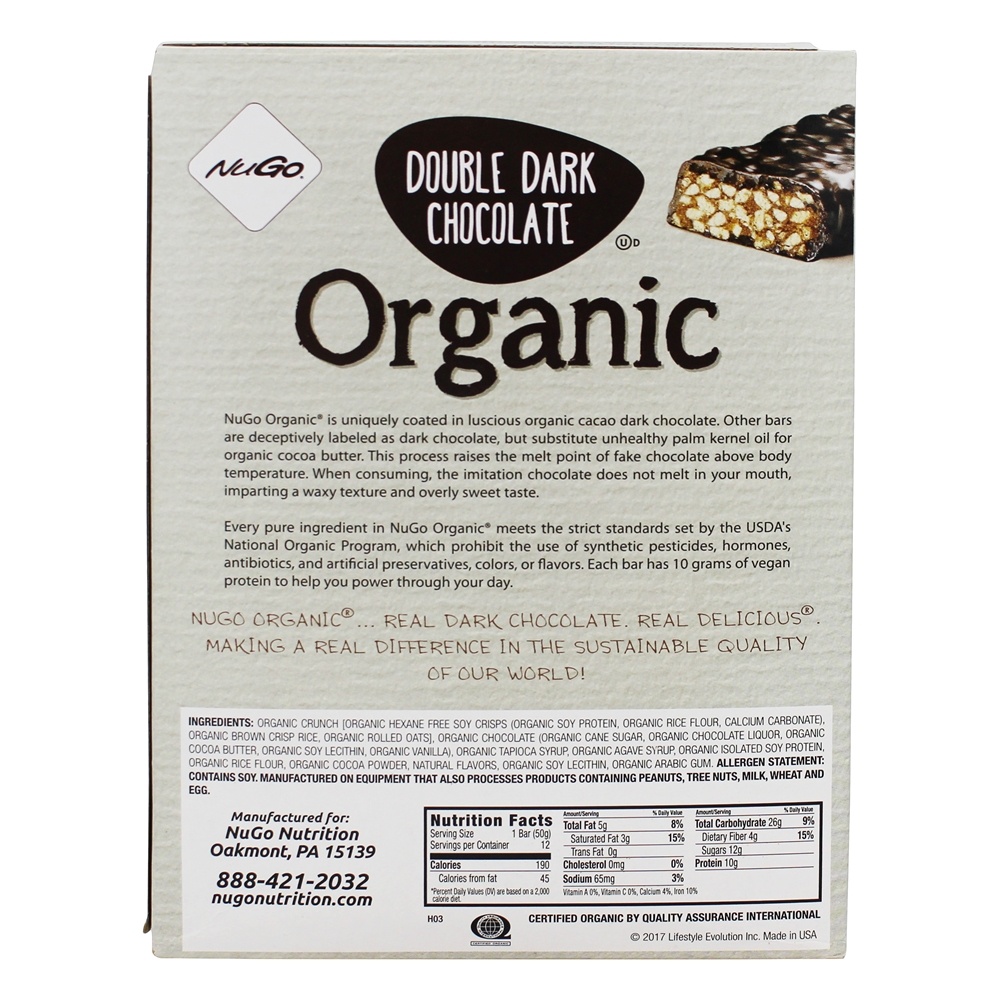 Barras de proteínas orgânicas Caixa de chocolate duplo e escuro - 12 Barras NuGo Nutrition - Imagem 2