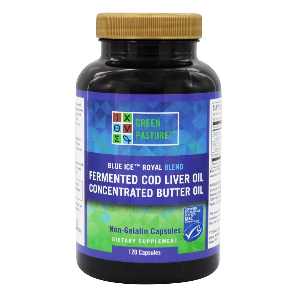 Óleo de Manteiga Real de Gelo Azul / Mistura Fermentada de Óleo de Fígado de Bacalhau - Cápsulas 120 Green Pasture Products