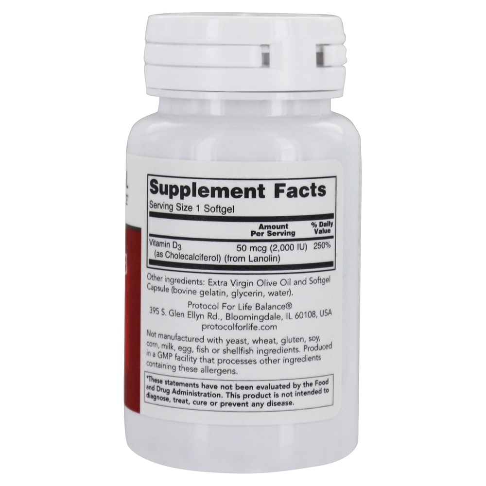 Vitamina D3 2000 UI - 120 Softgels Protocol For Life Balance - Imagem 2