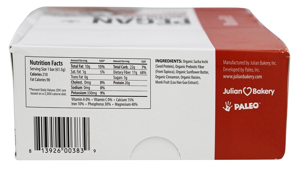 Pegan Proteína Bar Canela Uva passa Rolar - 12 Barras Julian Bakery - Imagem 2