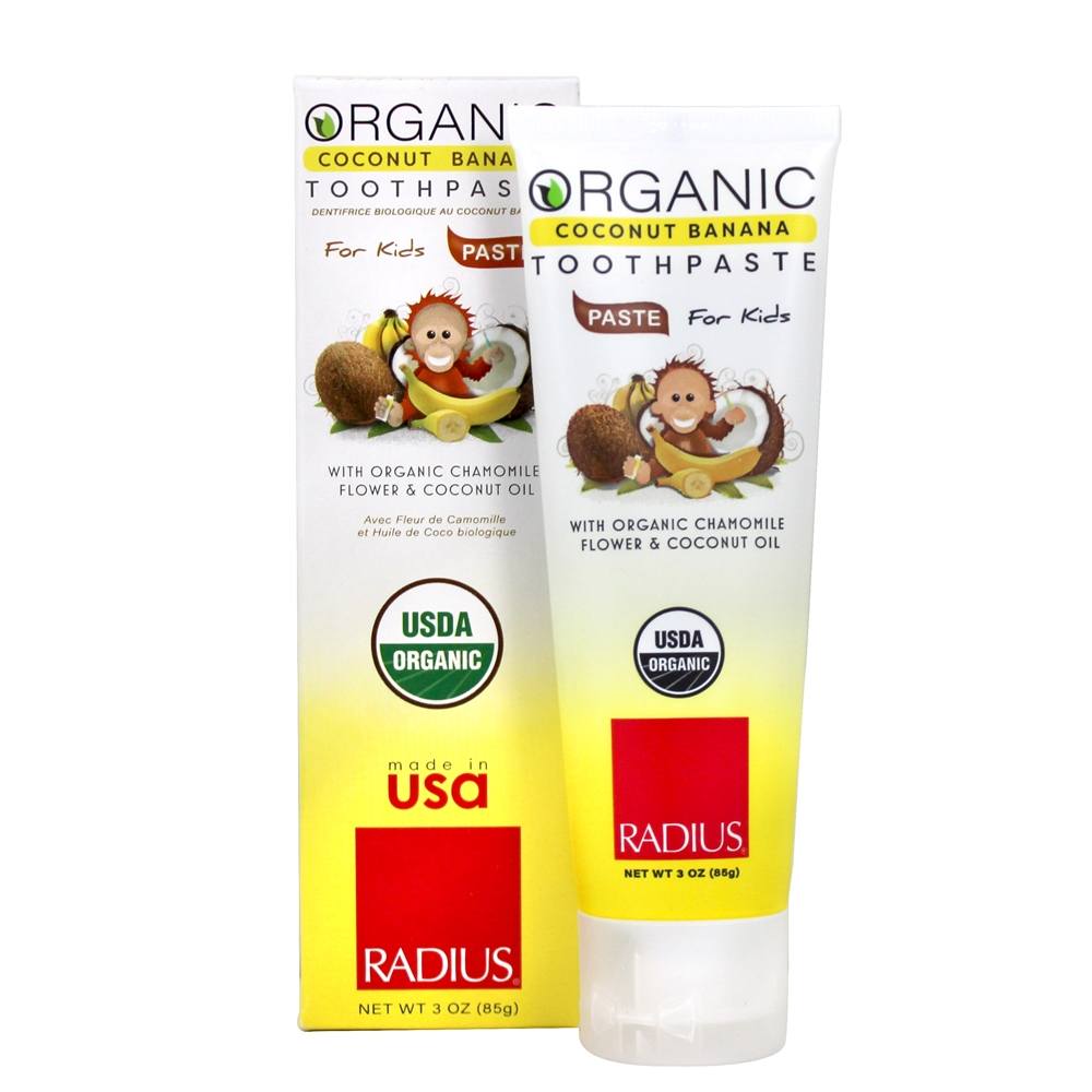 Toothpaste orgânico do óleo de coco para crianças Banana do coco - 3 oz. Radius