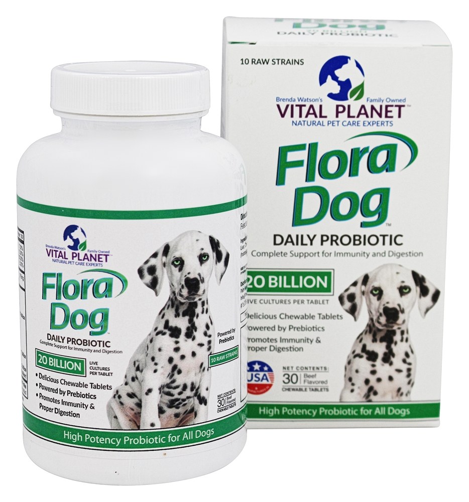 Flora Cachorro com carne probiótica diária com sabor de 20 milhões de CFU - 30 comprimidos mastigáveis Vital Planet