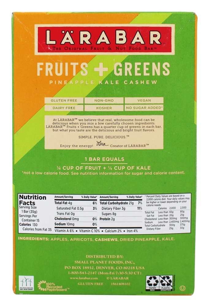 Frutas Originais & Nozes Fruta + Verdes Caju De Couve De Abacaxi - 15 Barras Larabar - Imagem 2