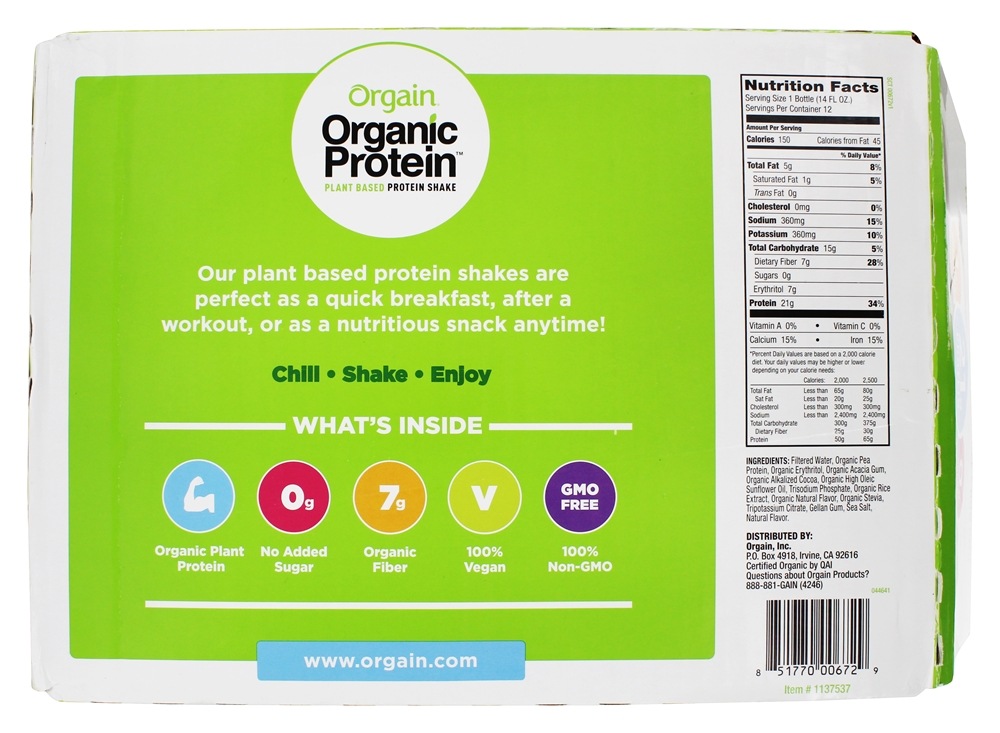 Orgânico Proteína Planta Baseado Vegan RT Proteína Tremer 21g Zero Açúcar Alisar Chocolate - 12 Frasco (s) Orgain - Imagem 2