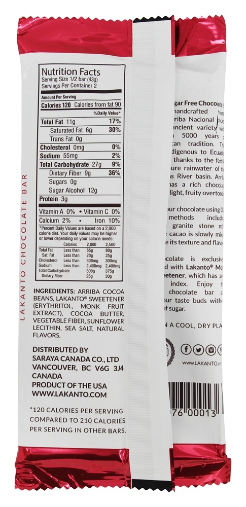 Monkfruit Adoçado Original De Barra De Chocolate - 3 oz. Lakanto - Imagem 2