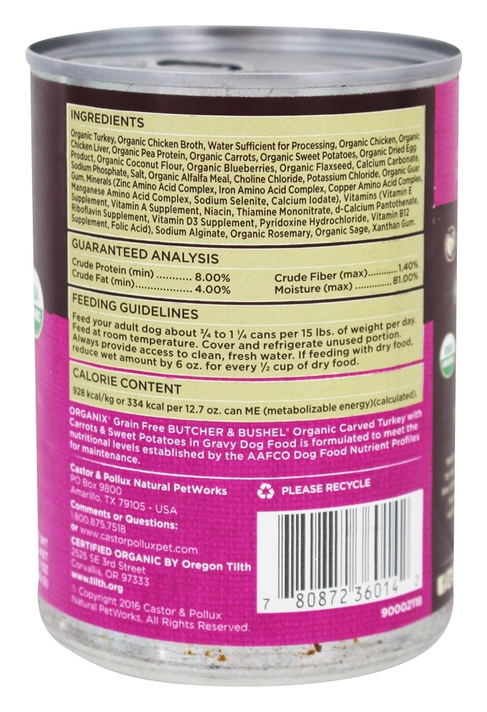Organix Açougueiro & Alqueire Cão Comida Esculpido Peru Jantar - 12.7 oz. Castor & Pollux - Imagem 2