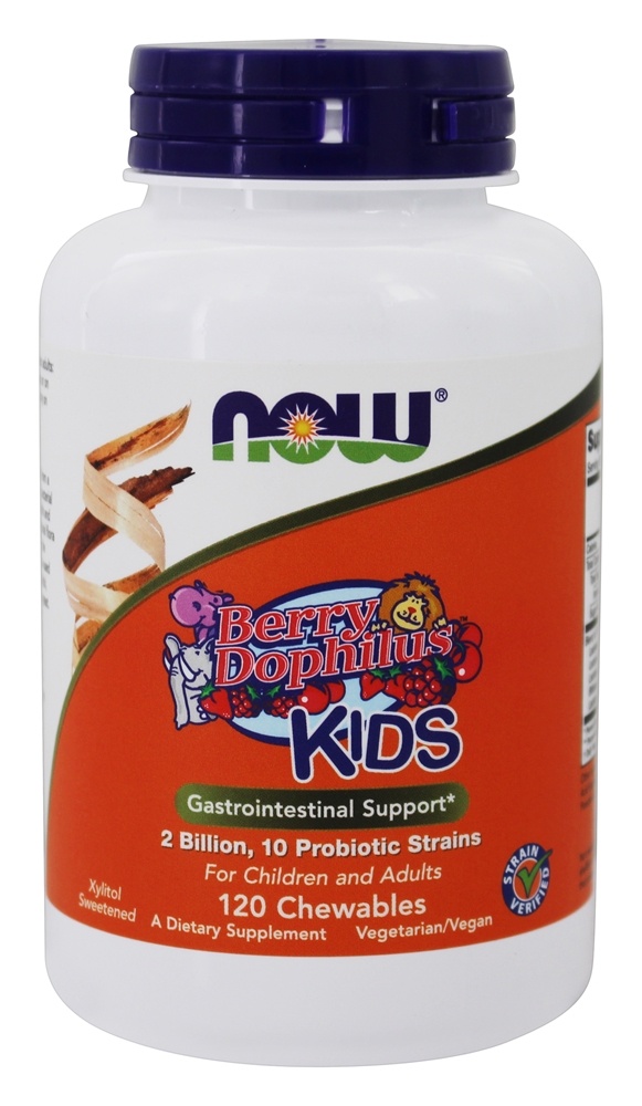 Berrydophilu Crianças Gastrointestinal Apoiar Probiotic 2 Bilhões de UFC - 120 comprimidos mastigáveis NOW Foods