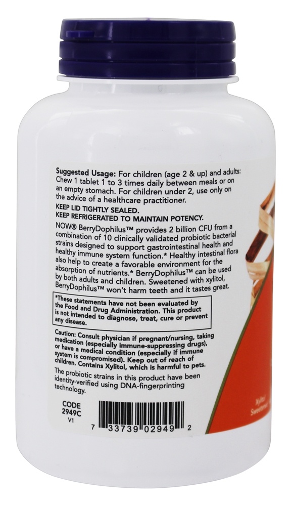 Berrydophilu Crianças Gastrointestinal Apoiar Probiotic 2 Bilhões de UFC - 120 comprimidos mastigáveis NOW Foods - Imagem 3