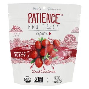 Cranberries secas inteiras e suculentas adoçadas com suco de maçã - 4 oz. Patience Fruit & Co.