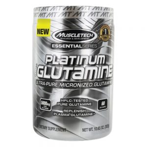 Platinum 100 % Glutamina Ultra- Pure Glutamina em Pó Micronizada Série Essencial Sem sabor 5000 mg. - 10.65 oz. Muscletech Products