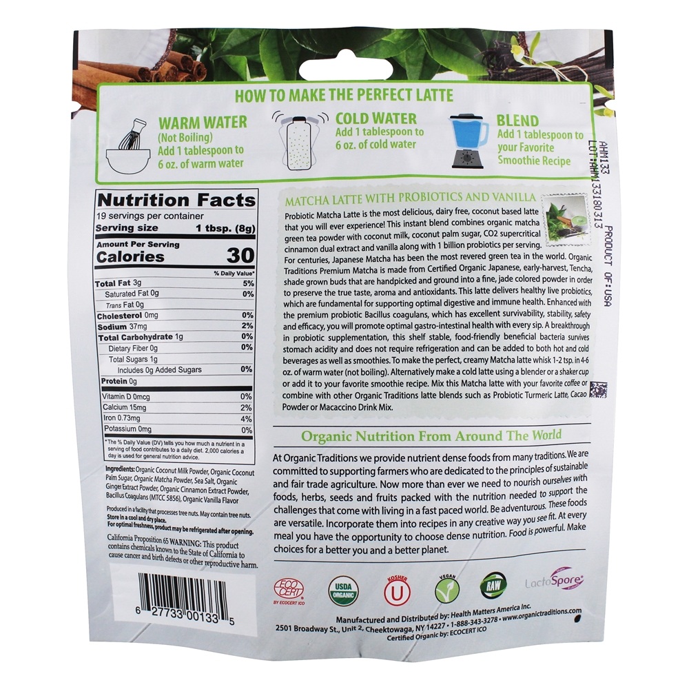 Pó Latte de Matcha com Probióticos e Baunilha - 5.3 oz. Organic Traditions - Imagem 2