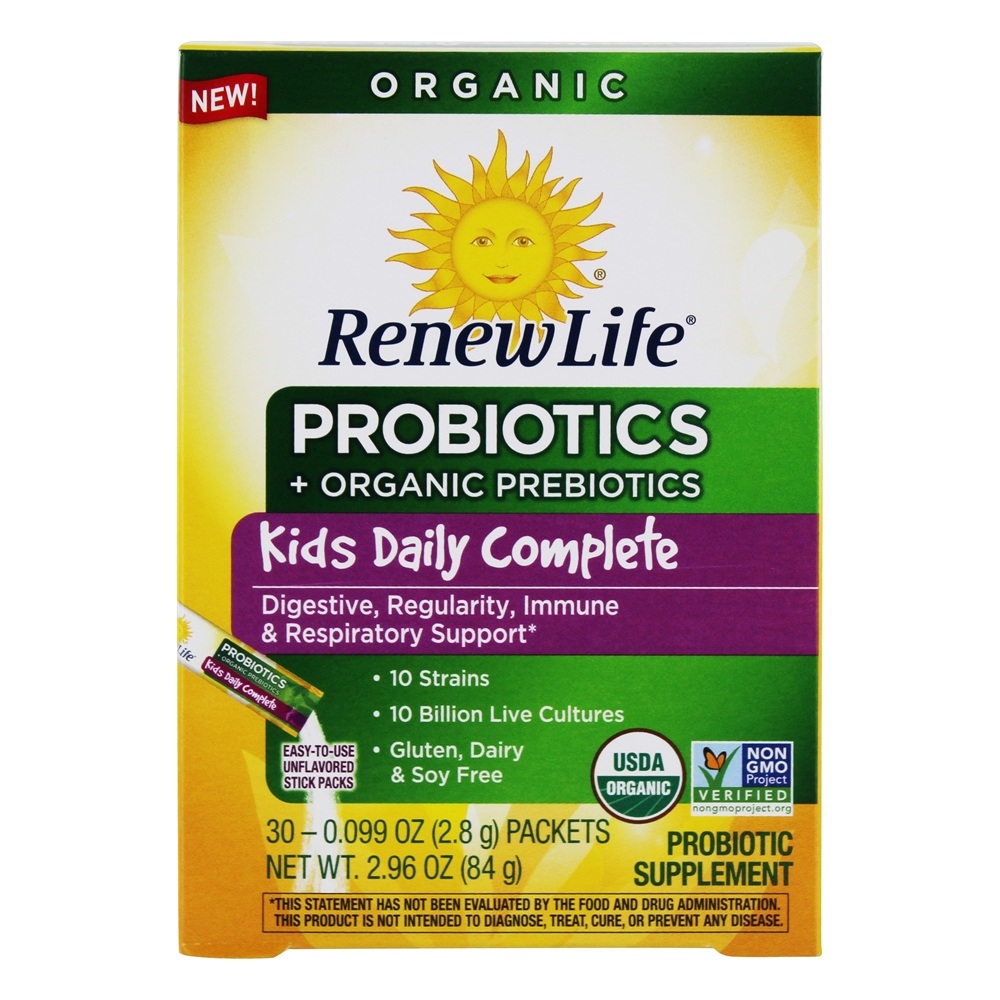 Probióticos + Prebióticos Orgânicos Kids Daily Complete 10 Bilhões de UFC - 30 Pacote (s) de Bastão Renew Life
