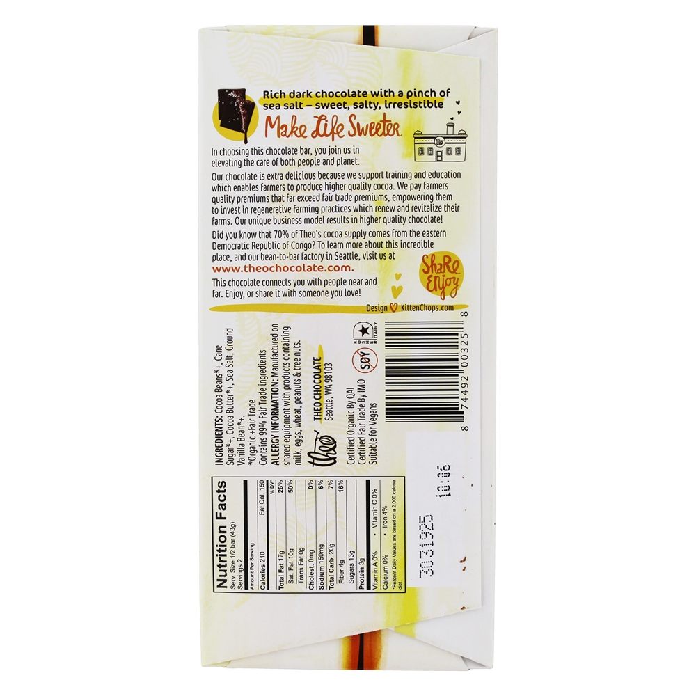 Comércio Orgânico e Justo 70 % Dark Chocolate Bar Mar Salgado - 3 oz. Theo Chocolate - Imagem 2