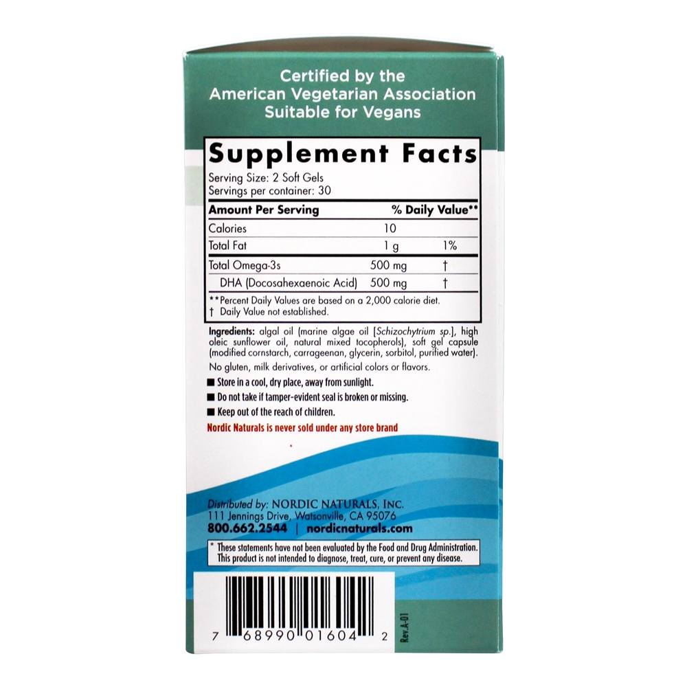 DHA Vegetal de Algas Vegetais DHA Omega - 3 500 mg . - 60 Softgels Nordic Naturals - Imagem 3