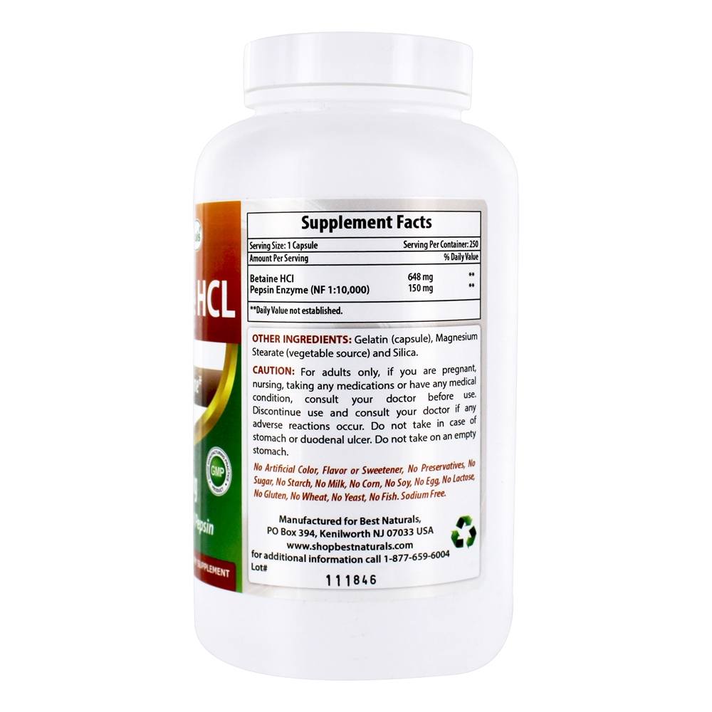 Fórmula da Enzima Digestiva de Betaína HCl 648 mg . - Cápsulas 250 Best Naturals - Imagem 2