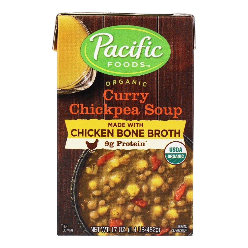 Sopa de curry de grão de bico orgânico com caldo de osso de galinha - 17 oz. Pacific Foods